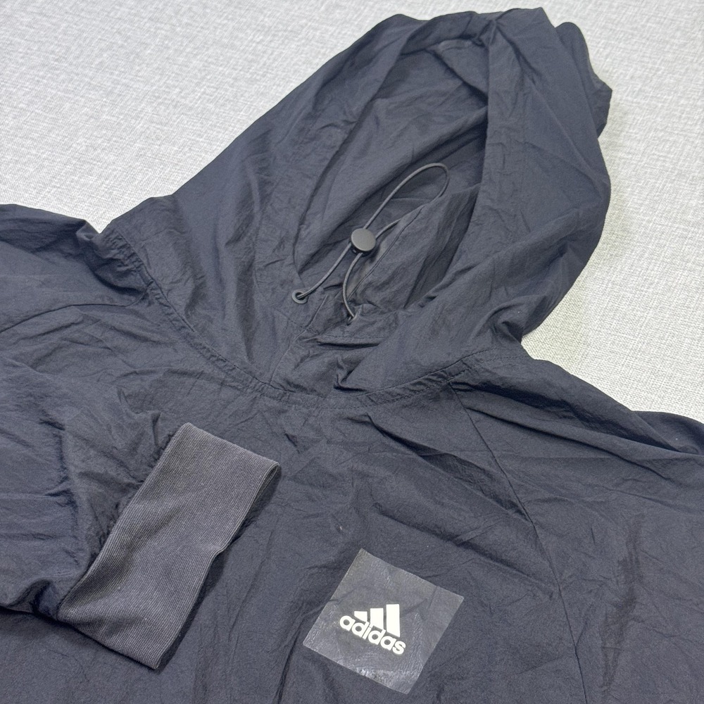 Adidas Lightweight Windbreaker Jacket Mens Large Black Hooded Pullover Packable